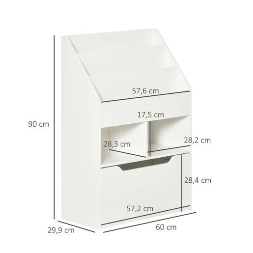 HOMCOM Estante de Madeira para Brinquedos com 3 Compartimentos 2 Cubos e Gaveta Móvel com 4 Rodas Estante para Livros Infantil para Dormitório Infantil Sala de Jogos 60x29,9x90cm Branco