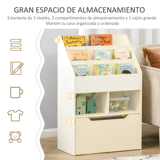 HOMCOM Estante de Madeira para Brinquedos com 3 Compartimentos 2 Cubos e Gaveta Móvel com 4 Rodas Estante para Livros Infantil para Dormitório Infantil Sala de Jogos 60x29,9x90cm Branco