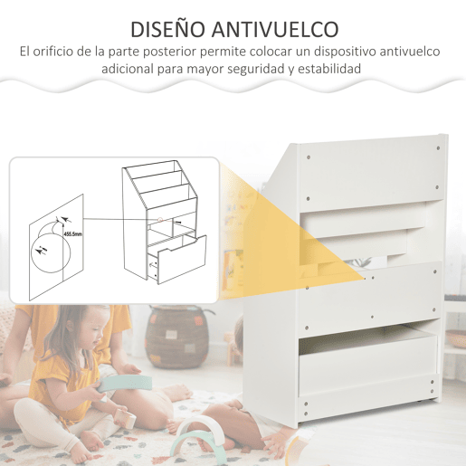 HOMCOM Estante de Madeira para Brinquedos com 3 Compartimentos 2 Cubos e Gaveta Móvel com 4 Rodas Estante para Livros Infantil para Dormitório Infantil Sala de Jogos 60x29,9x90cm Branco