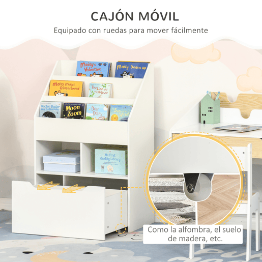 HOMCOM Estante de Madeira para Brinquedos com 3 Compartimentos 2 Cubos e Gaveta Móvel com 4 Rodas Estante para Livros Infantil para Dormitório Infantil Sala de Jogos 60x29,9x90cm Branco