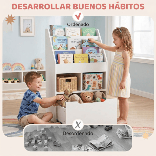 HOMCOM Estante de Madeira para Brinquedos com 3 Compartimentos 2 Cubos e Gaveta Móvel com 4 Rodas Estante para Livros Infantil para Dormitório Infantil Sala de Jogos 60x29,9x90cm Branco