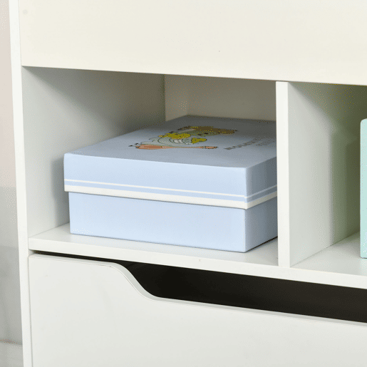 HOMCOM Estante de Madeira para Brinquedos com 3 Compartimentos 2 Cubos e Gaveta Móvel com 4 Rodas Estante para Livros Infantil para Dormitório Infantil Sala de Jogos 60x29,9x90cm Branco
