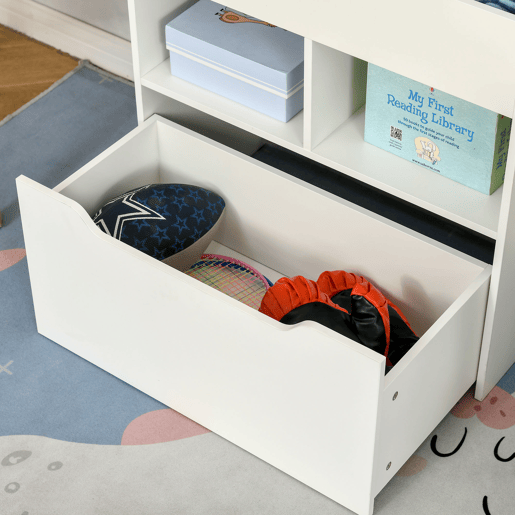 HOMCOM Estante de Madeira para Brinquedos com 3 Compartimentos 2 Cubos e Gaveta Móvel com 4 Rodas Estante para Livros Infantil para Dormitório Infantil Sala de Jogos 60x29,9x90cm Branco