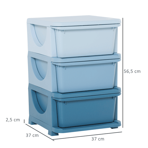 HOMCOM Organizador de Brinquedos para Crianças acima de 3 Anos com 3 Gavetas Arrumação para Brinquedos Roupas Livros 37x37x56,5 cm Azul