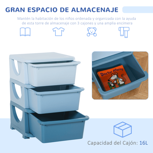 HOMCOM Organizador de Brinquedos para Crianças acima de 3 Anos com 3 Gavetas Arrumação para Brinquedos Roupas Livros 37x37x56,5 cm Azul