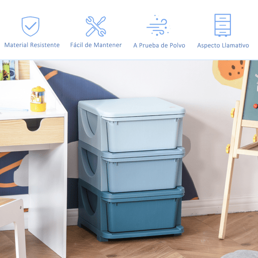 HOMCOM Organizador de Brinquedos para Crianças acima de 3 Anos com 3 Gavetas Arrumação para Brinquedos Roupas Livros 37x37x56,5 cm Azul