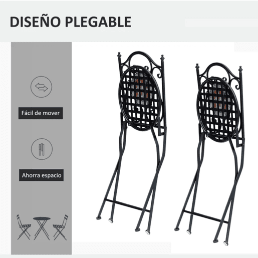 Outsunny Conjunto de 2 Cadeiras Dobráveis de Jardim Cadeiras com Mosaico para Varanda Pátio Carga Máxima 120 kg 50x40x94,5 cm Preto