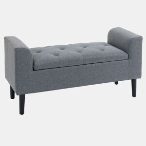 HOMCOM Banco para Pé de Cama Acolchoado com Espaço de Armazenamento Banco Multifuncional com Braços Tampa e Pés de Madeira para Dormitórios Sala de Estar 116x44x58 cm Cinza