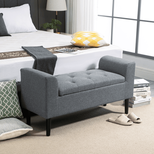HOMCOM Banco para Pé de Cama Acolchoado com Espaço de Armazenamento Banco Multifuncional com Braços Tampa e Pés de Madeira para Dormitórios Sala de Estar 116x44x58 cm Cinza HOMCOM Banco para Pé de Cama Acolchoado com Espaço de Armazenamento Banco Multifuncional com Braços Tampa e Pés de Madeira para Dormitórios Sala de Estar 116x44x58 cm Cinza