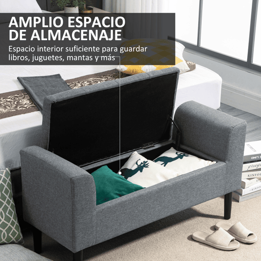 HOMCOM Banco para Pé de Cama Acolchoado com Espaço de Armazenamento Banco Multifuncional com Braços Tampa e Pés de Madeira para Dormitórios Sala de Estar 116x44x58 cm Cinza HOMCOM Banco para Pé de Cama Acolchoado com Espaço de Armazenamento Banco Multifuncional com Braços Tampa e Pés de Madeira para Dormitórios Sala de Estar 116x44x58 cm Cinza