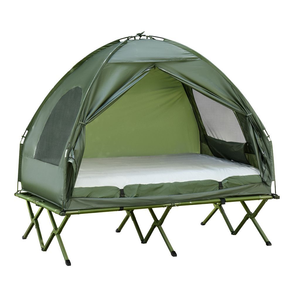 Outsunny cama doble de camping plegable con tienda de campaña 4 en 1 cama de campamento elevada con colchón hinchable y bolsa de transporte de tela oxford 600d acero 193x145x180 cm verde