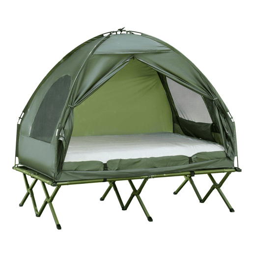 Outsunny Cama Dupla de Camping Dobrável com Tenda 4 em 1 Cama de Campismo Elevada com Colchão Insuflável e Saco de Transporte em Tecido Oxford 600D Aço 193x145x180 cm Verde