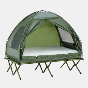Outsunny Cama Dupla de Camping Dobrável com Tenda 4 em 1 Cama de Campismo Elevada com Colchão Insuflável e Saco de Transporte em Tecido Oxford 600D Aço 193x145x180 cm Verde