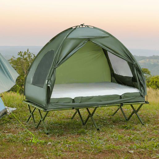 Outsunny Cama Dupla de Camping Dobrável com Tenda 4 em 1 Cama de Campismo Elevada com Colchão Insuflável e Saco de Transporte em Tecido Oxford 600D Aço 193x145x180 cm Verde