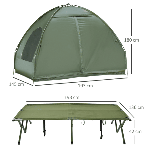 Outsunny Cama Dupla de Camping Dobrável com Tenda 4 em 1 Cama de Campismo Elevada com Colchão Insuflável e Saco de Transporte em Tecido Oxford 600D Aço 193x145x180 cm Verde