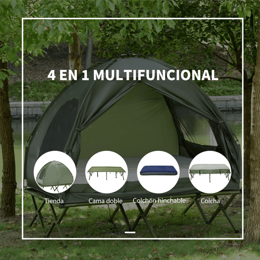 Outsunny Cama Dupla de Camping Dobrável com Tenda 4 em 1 Cama de Campismo Elevada com Colchão Insuflável e Saco de Transporte em Tecido Oxford 600D Aço 193x145x180 cm Verde