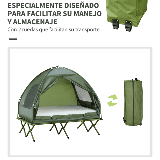 Outsunny Cama Dupla de Camping Dobrável com Tenda 4 em 1 Cama de Campismo Elevada com Colchão Insuflável e Saco de Transporte em Tecido Oxford 600D Aço 193x145x180 cm Verde