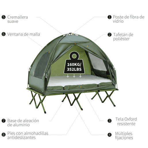 Outsunny Cama Dupla de Camping Dobrável com Tenda 4 em 1 Cama de Campismo Elevada com Colchão Insuflável e Saco de Transporte em Tecido Oxford 600D Aço 193x145x180 cm Verde