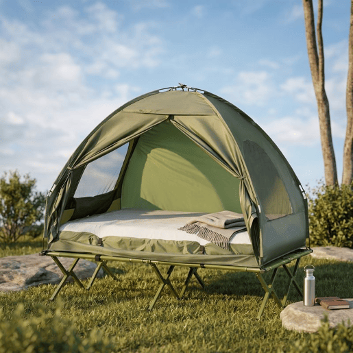 Outsunny Cama Dupla de Camping Dobrável com Tenda 4 em 1 Cama de Campismo Elevada com Colchão Insuflável e Saco de Transporte em Tecido Oxford 600D Aço 193x145x180 cm Verde