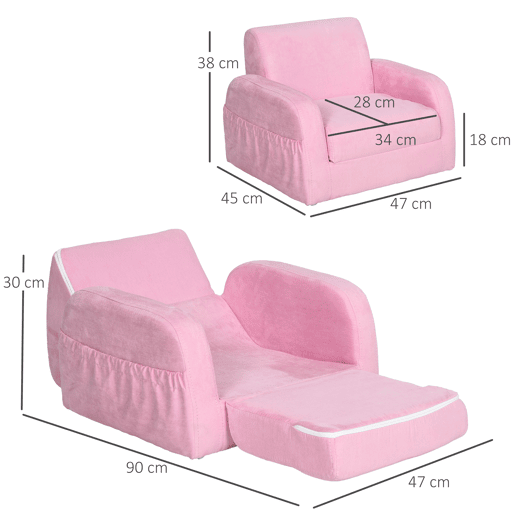 HOMCOM Poltrona Infantil Poltrona 2 em 1 para Crianças Dobrável em 2 Posições com Apoio de Braços e Assento Acolchoado 47x45x38cm Rosa