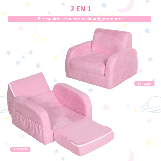 HOMCOM Poltrona Infantil Poltrona 2 em 1 para Crianças Dobrável em 2 Posições com Apoio de Braços e Assento Acolchoado 47x45x38cm Rosa