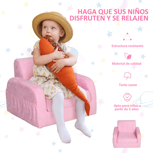 HOMCOM Poltrona Infantil Poltrona 2 em 1 para Crianças Dobrável em 2 Posições com Apoio de Braços e Assento Acolchoado 47x45x38cm Rosa