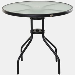 Outsunny Mesa de Jardim Redonda Mesa Sala de Jantar de Cristal Temperado com Orifício para Chapéu de Sol Estrutura Metálica para Pátio Terraço Exterior Ø80x72cm Preto