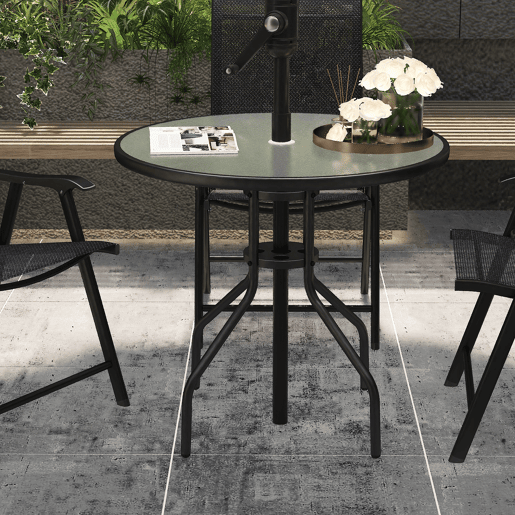 Outsunny Mesa de Jardim Redonda Mesa Sala de Jantar de Cristal Temperado com Orifício para Chapéu de Sol Estrutura Metálica para Pátio Terraço Exterior Ø80x72cm Preto