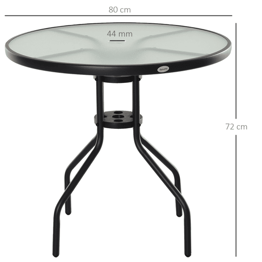 Outsunny Mesa de Jardim Redonda Mesa Sala de Jantar de Cristal Temperado com Orifício para Chapéu de Sol Estrutura Metálica para Pátio Terraço Exterior Ø80x72cm Preto