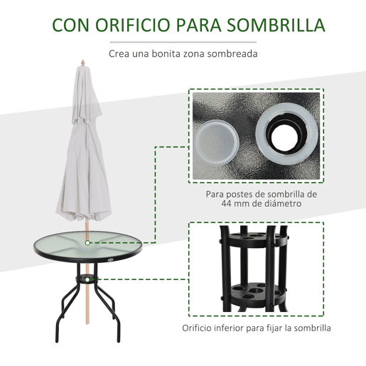 Outsunny Mesa de Jardim Redonda Mesa Sala de Jantar de Cristal Temperado com Orifício para Chapéu de Sol Estrutura Metálica para Pátio Terraço Exterior Ø80x72cm Preto