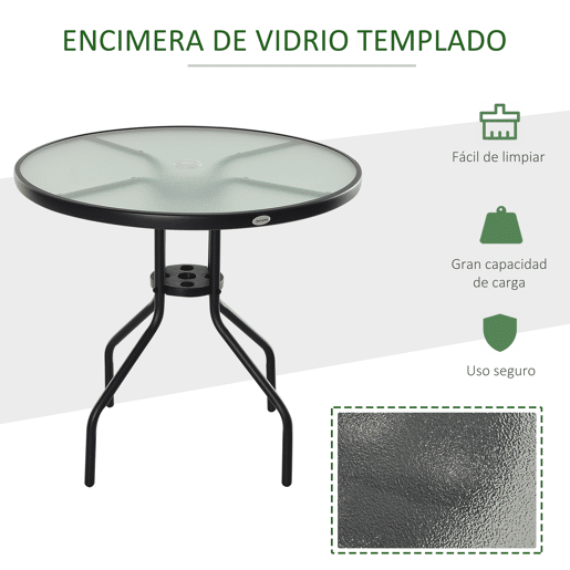 Outsunny Mesa de Jardim Redonda Mesa Sala de Jantar de Cristal Temperado com Orifício para Chapéu de Sol Estrutura Metálica para Pátio Terraço Exterior Ø80x72cm Preto