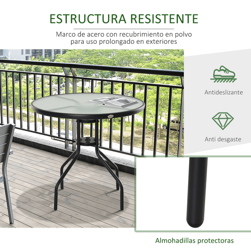 Outsunny Mesa de Jardim Redonda Mesa Sala de Jantar de Cristal Temperado com Orifício para Chapéu de Sol Estrutura Metálica para Pátio Terraço Exterior Ø80x72cm Preto