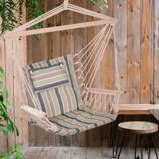 Outsunny Cadeira Rede Suspensa com Estampa em Listras Almofada de Apoio para a Cabeça Cadeira Rede Baloiço para Interior e Exterior Carga Máxima 105kg 100x106cm Multicor