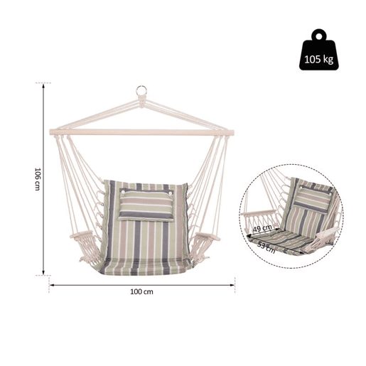 Outsunny Cadeira Rede Suspensa com Estampa em Listras Almofada de Apoio para a Cabeça Cadeira Rede Baloiço para Interior e Exterior Carga Máxima 105kg 100x106cm Multicor