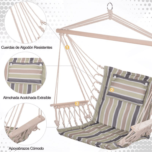 Outsunny Cadeira Rede Suspensa com Estampa em Listras Almofada de Apoio para a Cabeça Cadeira Rede Baloiço para Interior e Exterior Carga Máxima 105kg 100x106cm Multicor