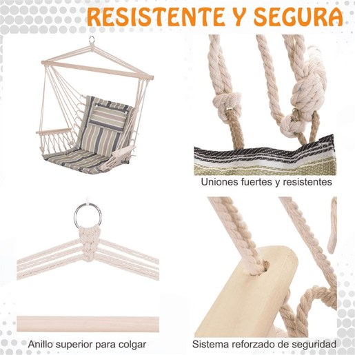 Outsunny Cadeira Rede Suspensa com Estampa em Listras Almofada de Apoio para a Cabeça Cadeira Rede Baloiço para Interior e Exterior Carga Máxima 105kg 100x106cm Multicor