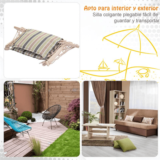 Outsunny Cadeira Rede Suspensa com Estampa em Listras Almofada de Apoio para a Cabeça Cadeira Rede Baloiço para Interior e Exterior Carga Máxima 105kg 100x106cm Multicor