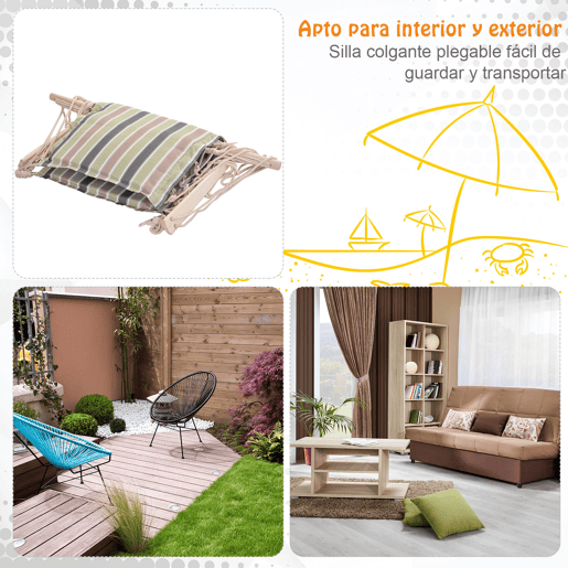 Outsunny Cadeira Rede Suspensa com Estampa em Listras Almofada de Apoio para a Cabeça Cadeira Rede Baloiço para Interior e Exterior Carga Máxima 105kg 100x106cm Multicor
