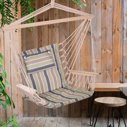 Outsunny Cadeira Rede Suspensa com Estampa em Listras Almofada de Apoio para a Cabeça Cadeira Rede Baloiço para Interior e Exterior Carga Máxima 105kg 100x106cm Multicor