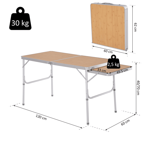 Mesa Dobrável de Camping Portátil com Aba Rebatível Mesa de Piquenique com Tampo MDF Estrutura Leve em Alumínio Suporta 30kg Altura Ajustável 153x60x3971cm