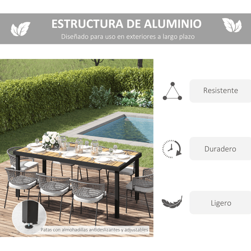 Outsunny Mesa de Jardim Retangular Mesa de Exterior para 8 Pessoas com Bancada de Ripas e Estrutura de Alumínio para Terraço Balcão 190x90x74cm Natural e Preto