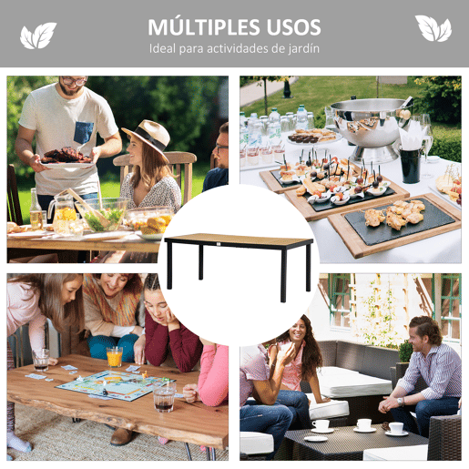 Outsunny Mesa de Jardim Retangular Mesa de Exterior para 8 Pessoas com Bancada de Ripas e Estrutura de Alumínio para Terraço Balcão 190x90x74cm Natural e Preto