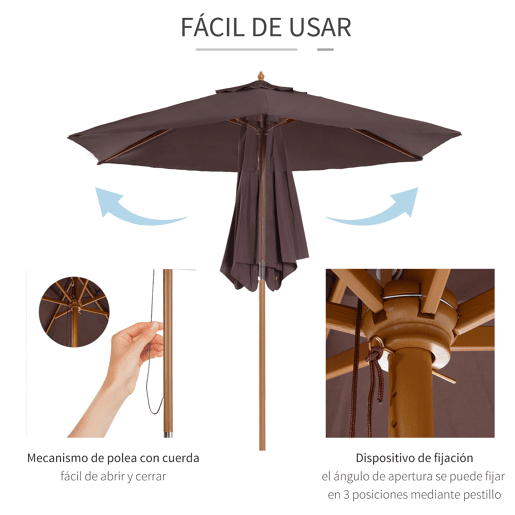 Outsunny Chapéu de Sol Ø250x230cm Chapéu de Sol com Mastro de Madeira com 6 Hastes Sistema de Polia com Fixação para Jardim Pátio Terraço Marrom Outsunny Chapéu de Sol Ø250x230cm Chapéu de Sol com Mastro de Madeira com 6 Hastes Sistema de Polia com Fixação para Jardim Pátio Terraço Marrom