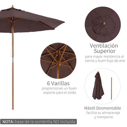 Outsunny Chapéu de Sol Ø250x230cm Chapéu de Sol com Mastro de Madeira com 6 Hastes Sistema de Polia com Fixação para Jardim Pátio Terraço Marrom Outsunny Chapéu de Sol Ø250x230cm Chapéu de Sol com Mastro de Madeira com 6 Hastes Sistema de Polia com Fixação para Jardim Pátio Terraço Marrom
