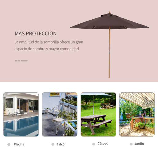 Outsunny Chapéu de Sol Ø250x230cm Chapéu de Sol com Mastro de Madeira com 6 Hastes Sistema de Polia com Fixação para Jardim Pátio Terraço Marrom Outsunny Chapéu de Sol Ø250x230cm Chapéu de Sol com Mastro de Madeira com 6 Hastes Sistema de Polia com Fixação para Jardim Pátio Terraço Marrom