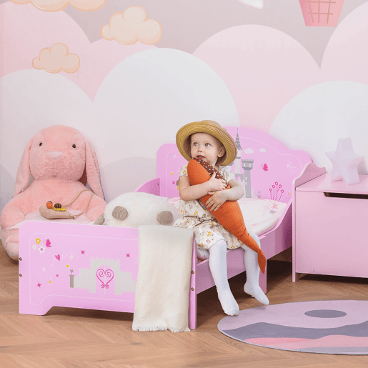 HOMCOM Cama Infantil acima de 3 Anos Cama para Crianças de Madeira com Barreira de Proteção Carga Máx. 50kg 143x73x60cm Rosa