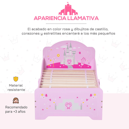 HOMCOM Cama Infantil acima de 3 Anos Cama para Crianças de Madeira com Barreira de Proteção Carga Máx. 50kg 143x73x60cm Rosa