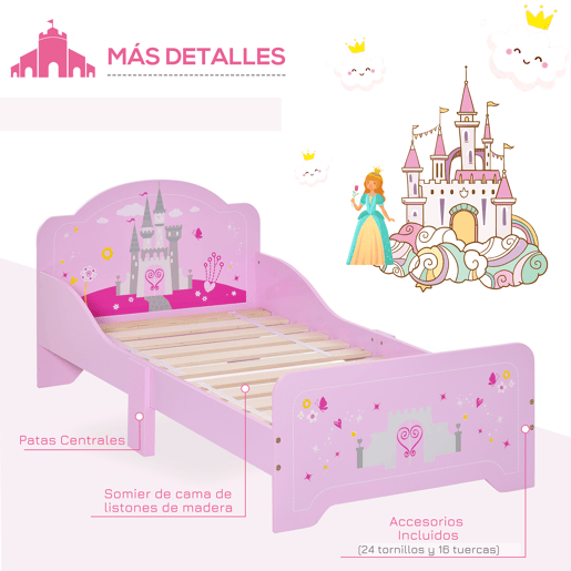 HOMCOM Cama Infantil acima de 3 Anos Cama para Crianças de Madeira com Barreira de Proteção Carga Máx. 50kg 143x73x60cm Rosa