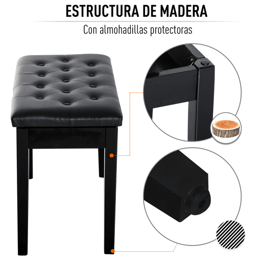 HOMCOM Banco de Piano Banco para Piano com Espaço de Armazenamento Assento de Couro Sintético Acolchoado Carga Máxima 200kg 76x36x50cm Preto