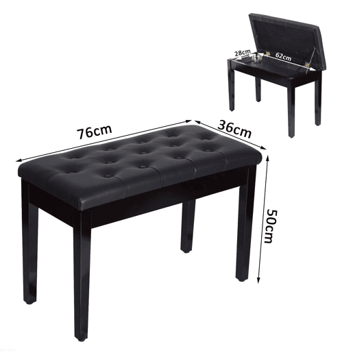 HOMCOM Banco de Piano Banco para Piano com Espaço de Armazenamento Assento de Couro Sintético Acolchoado Carga Máxima 200kg 76x36x50cm Preto